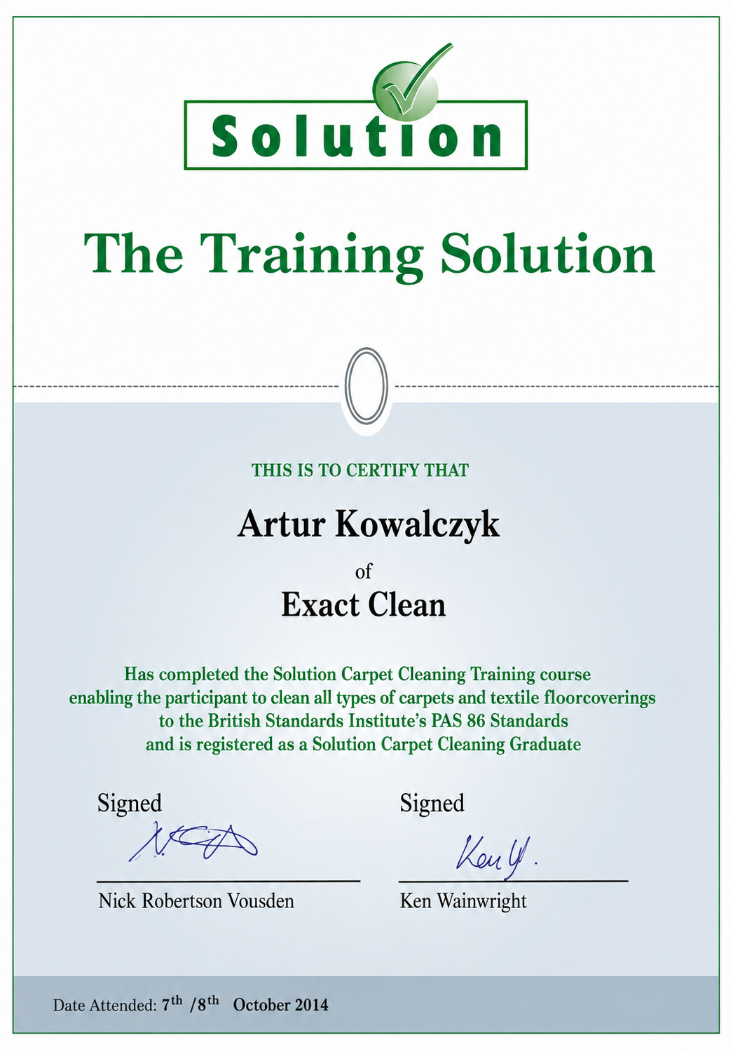 Artur Kowalczyk professional Carpet Cleaning Training certificate